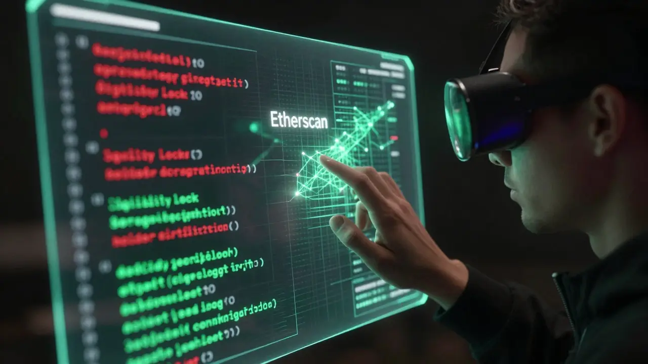 Holographic smart contract verification interface in cyberpunk style