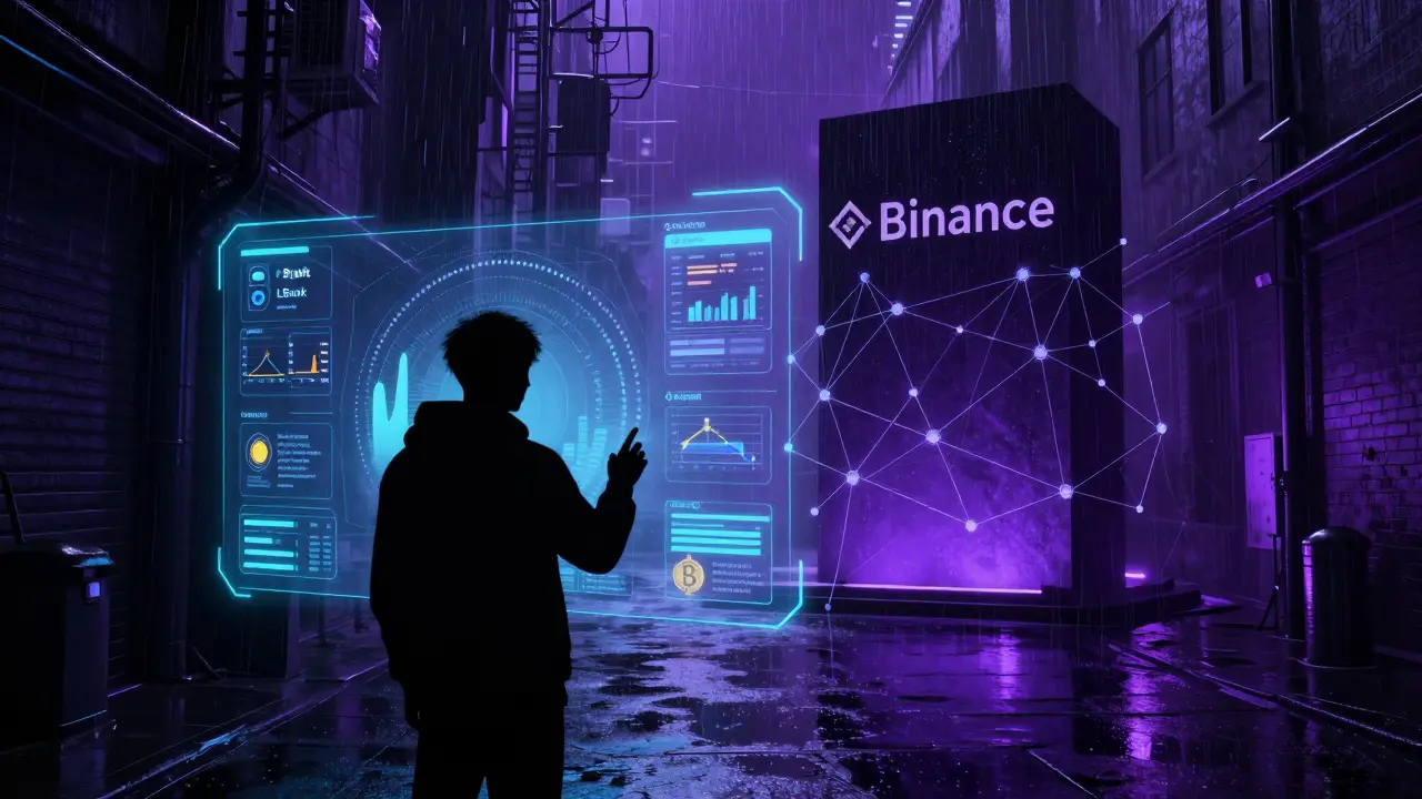 Holographic trading interface in a cyberpunk city alley