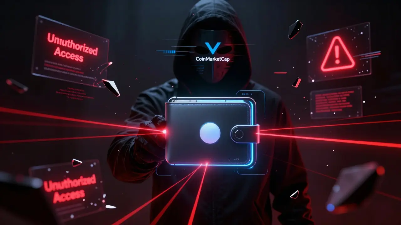 Holographic wallet draining funds via red laser beams to a masked hacker