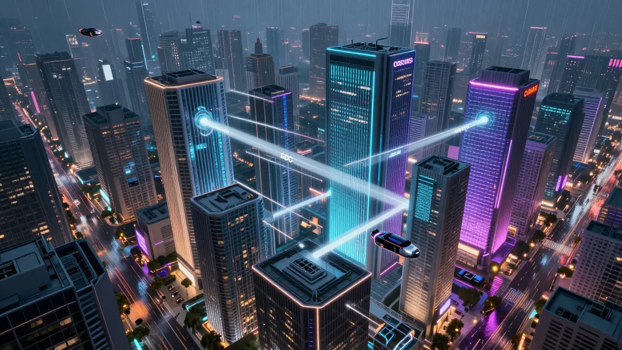 Interconnected cyberpunk towers symbolizing interoperability