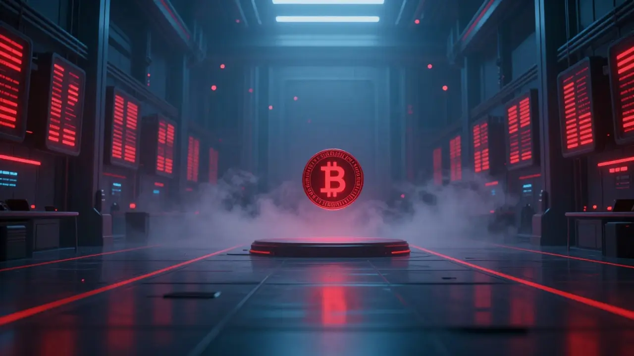 Isolated digital token on an unstable platform in a deserted trading floor