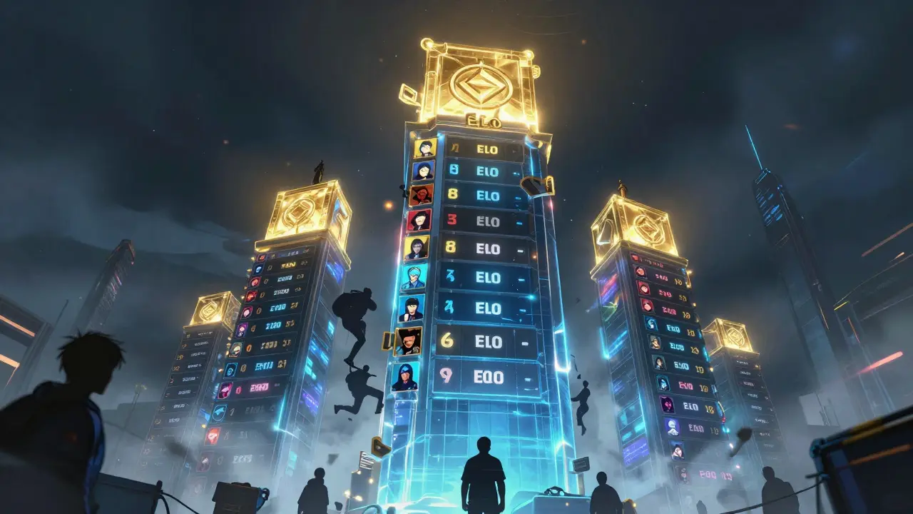 Neon-lit digital leaderboard tower showing ELO rankings in cyberpunk style