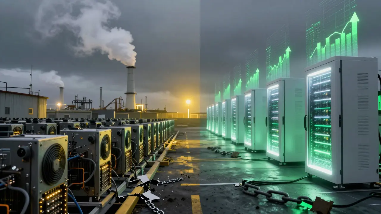 Old miners shutting down as new AI servers come online in Iceland, cyberpunk