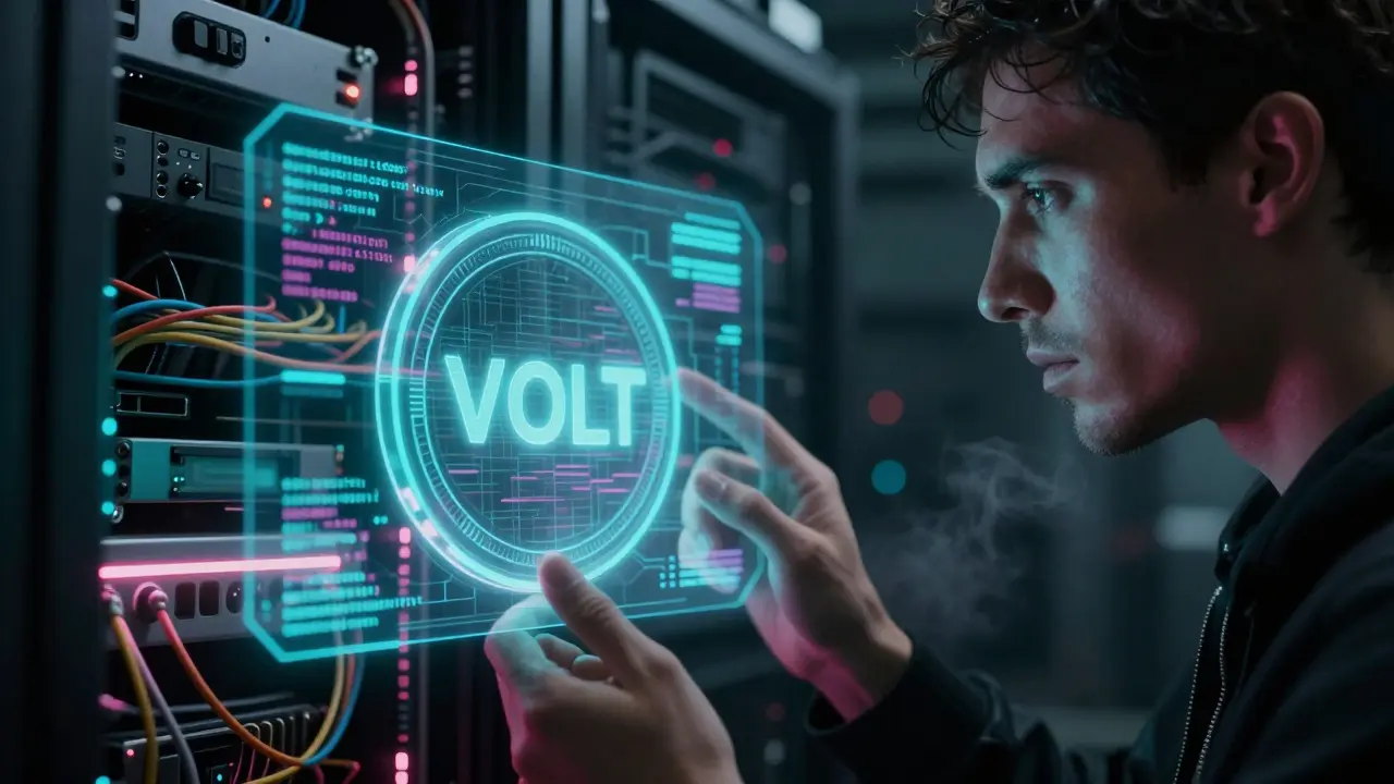 Person analyzing VOLT token hologram with glitchy code in a gritty cyberpunk server room