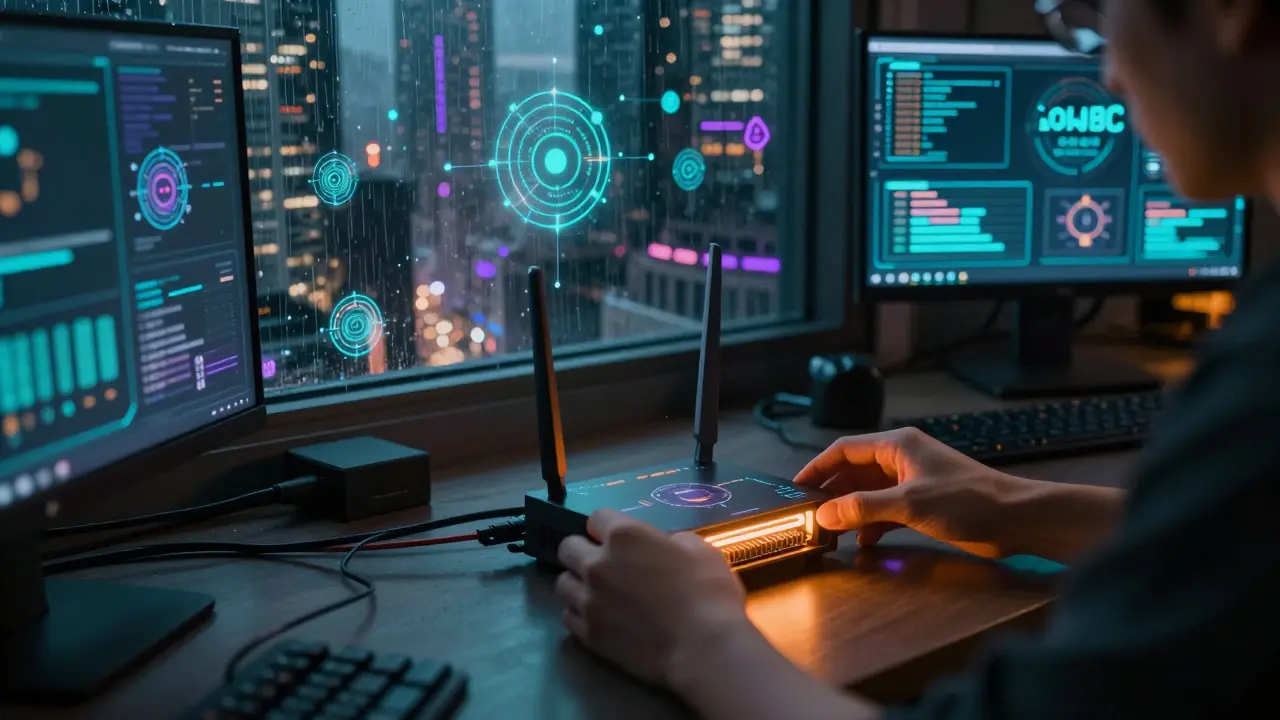 Person setting up glowing DePIN hardware node in a neon-lit cyberpunk apartment with city view.