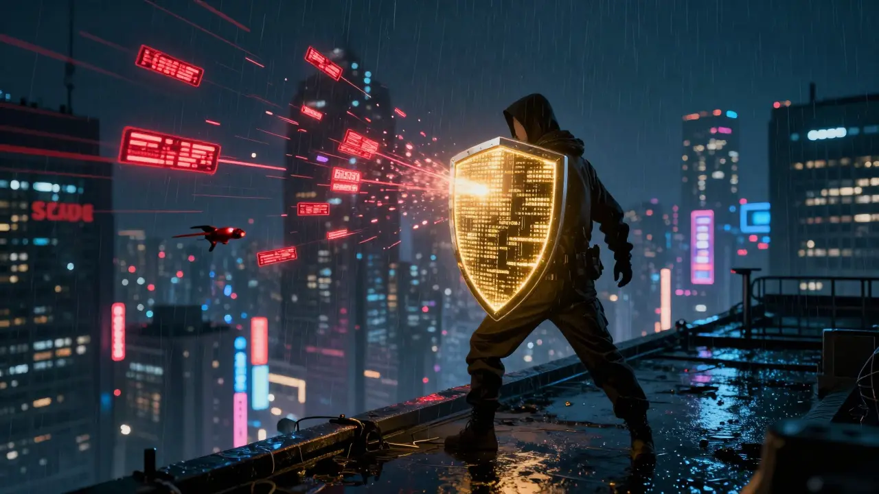 Person shielding from cyber attacks on city rooftop