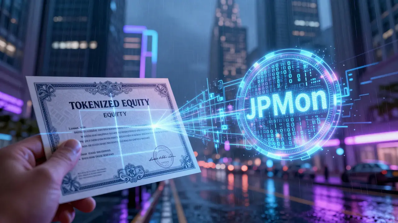 Physical stock certificate transforming into a digital JPMon token via laser scan