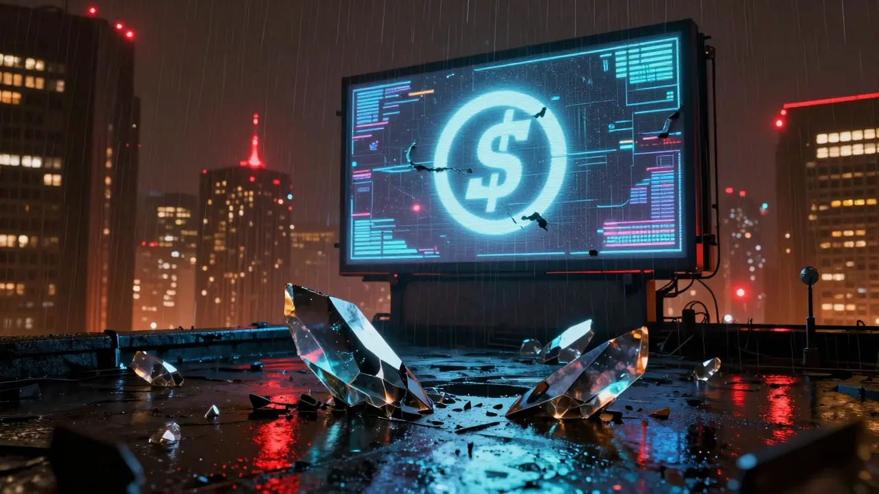 Shattered dark crystal on rainy cyberpunk rooftop symbolizing abandoned project