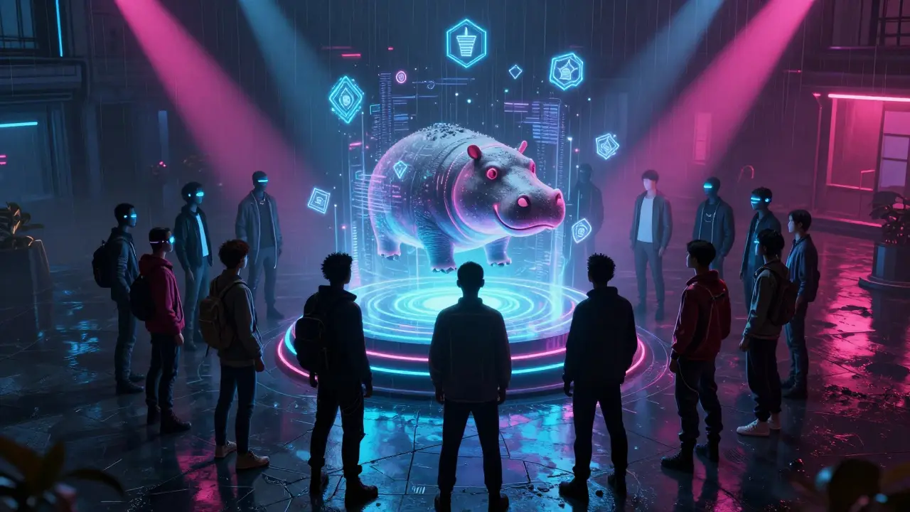 Silhouettes voting around holographic hippo in cyberpunk city