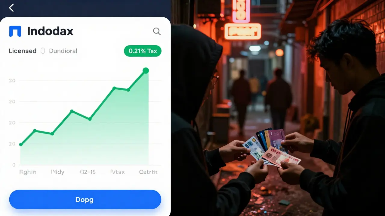 Split view of legal crypto trading vs underground cash-for-crypto exchange