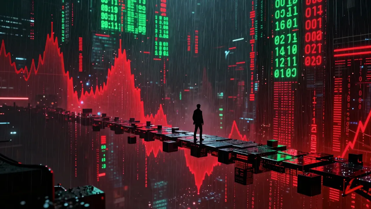 Trader on a precarious digital bridge over crashing crypto charts in neon lights