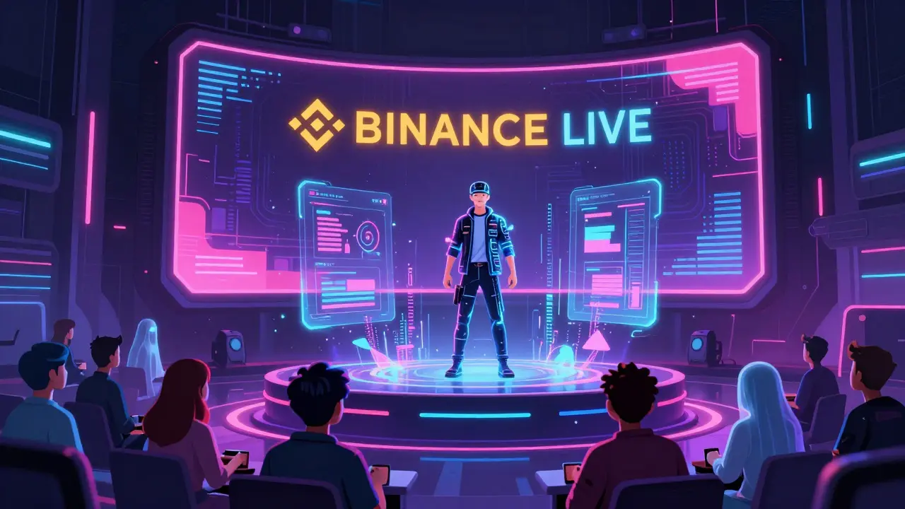 Virtual host presenting tokenomics on a floating stage in cyberpunk metaverse