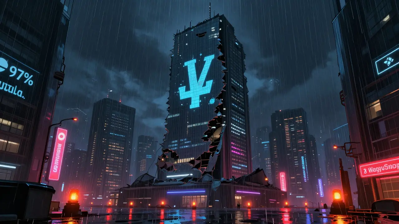 A crumbling blockchain tower in a rainy cyberpunk city, representing market decline