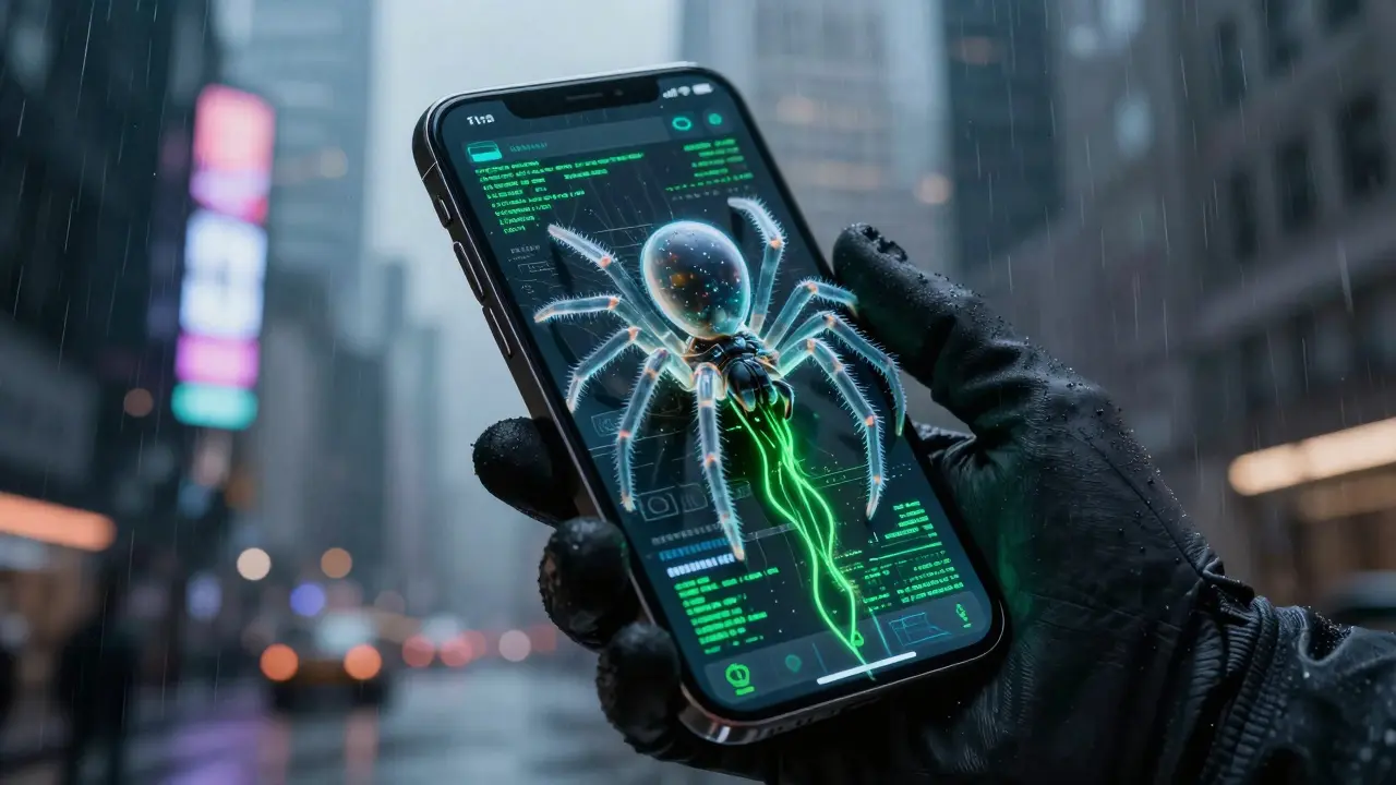 A cyber-spider injecting malware into a smartphone displaying a fake crypto app.