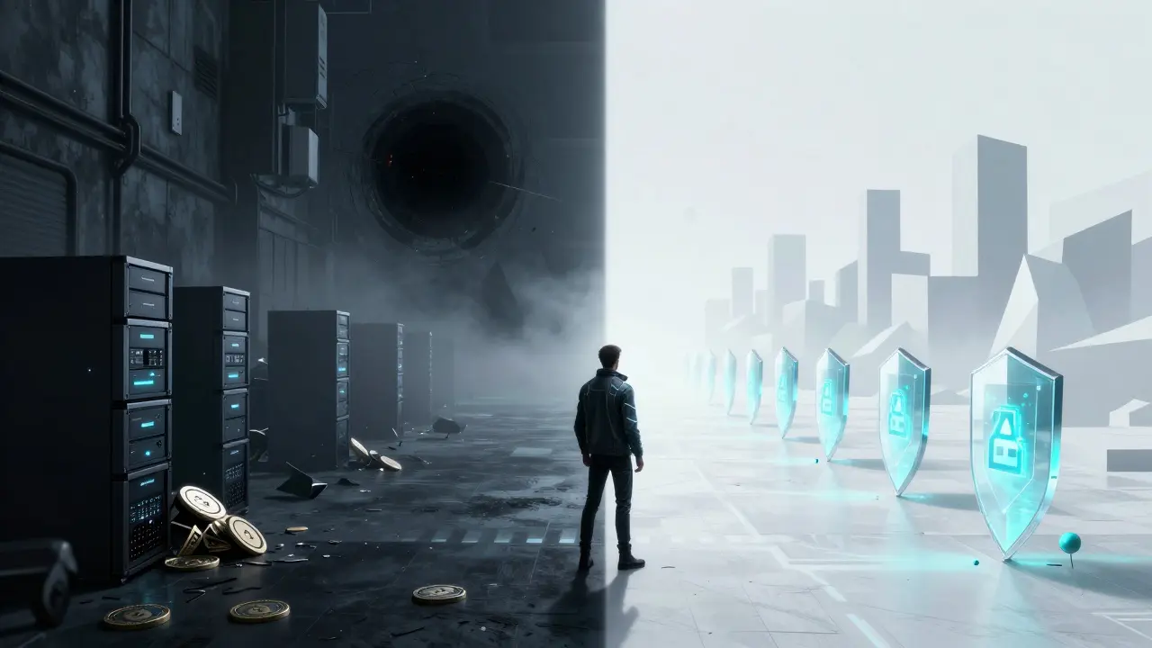 A figure choosing a safe, glowing blockchain path over a dark, dangerous alley.