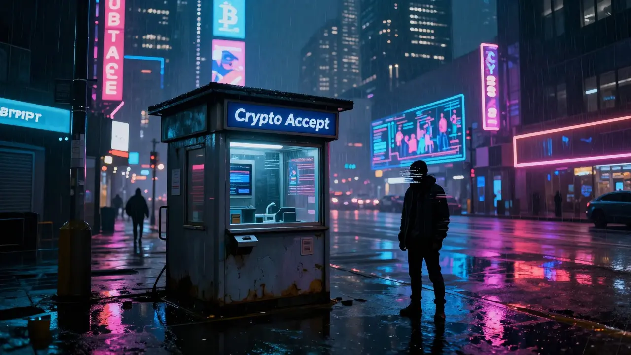 Abandoned Crypto Accept kiosk vs busy crypto skyscrapers