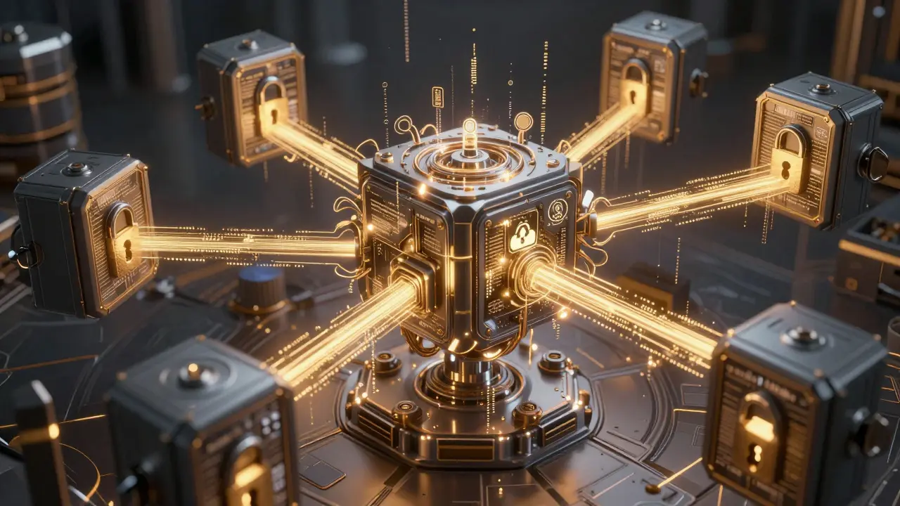 AI neural network processing locked data vaults in cyberpunk style