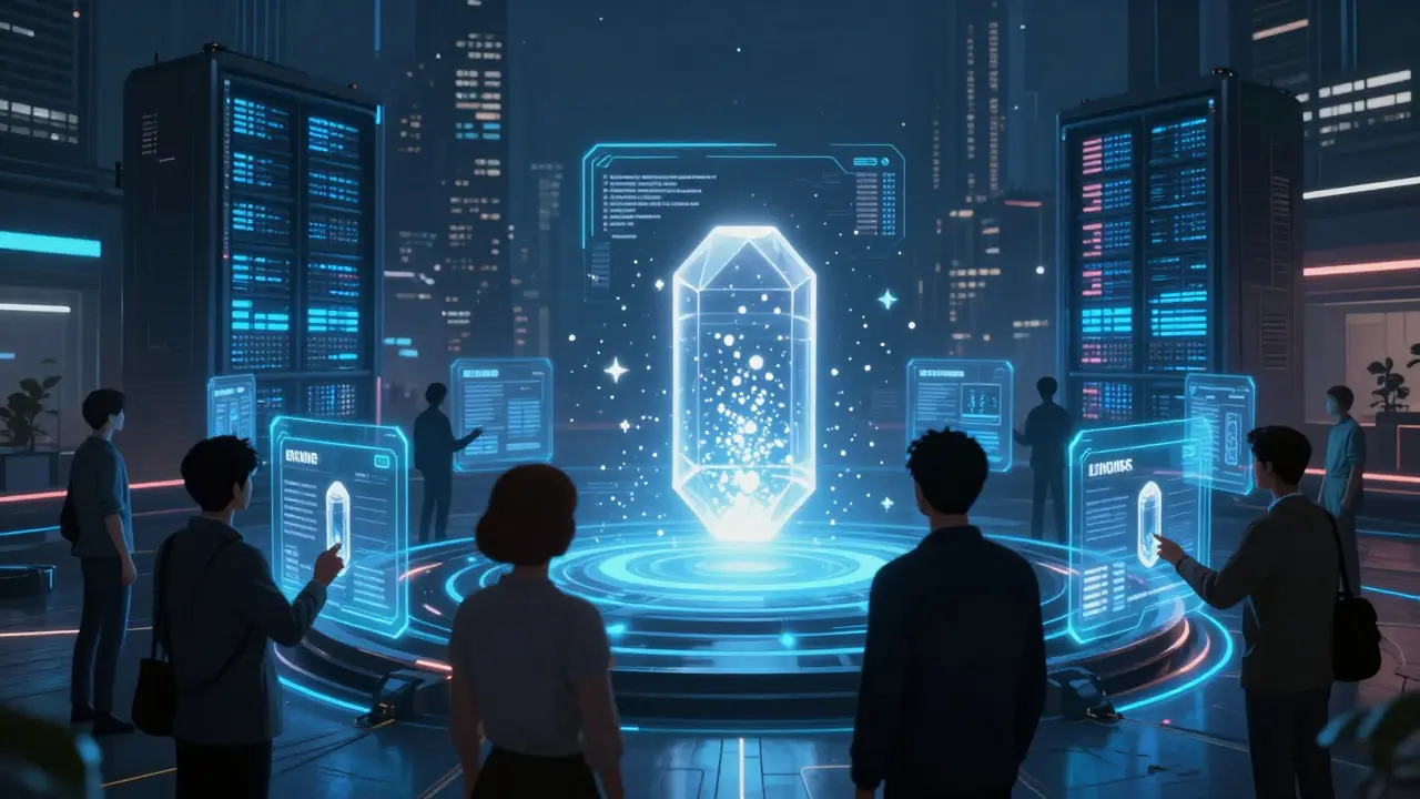 Anonymous citizens casting encrypted votes in futuristic cyberpunk square
