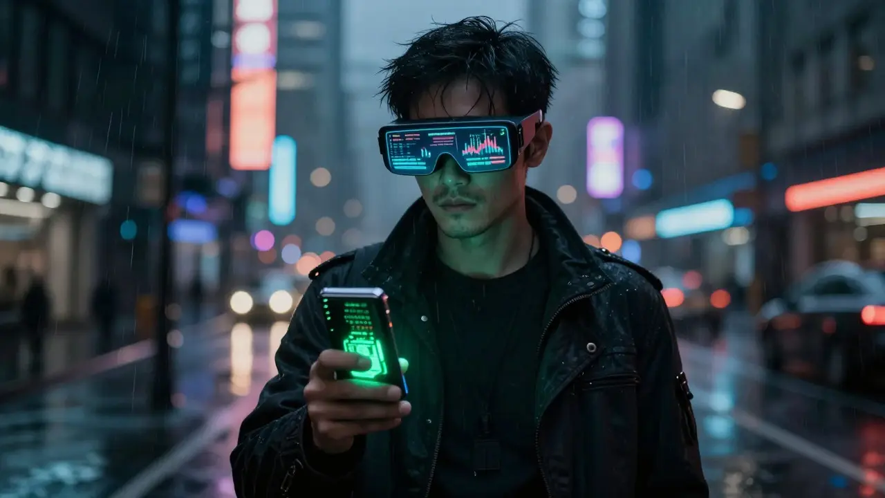 Anonymous trader with AR glasses in neon cyberpunk city