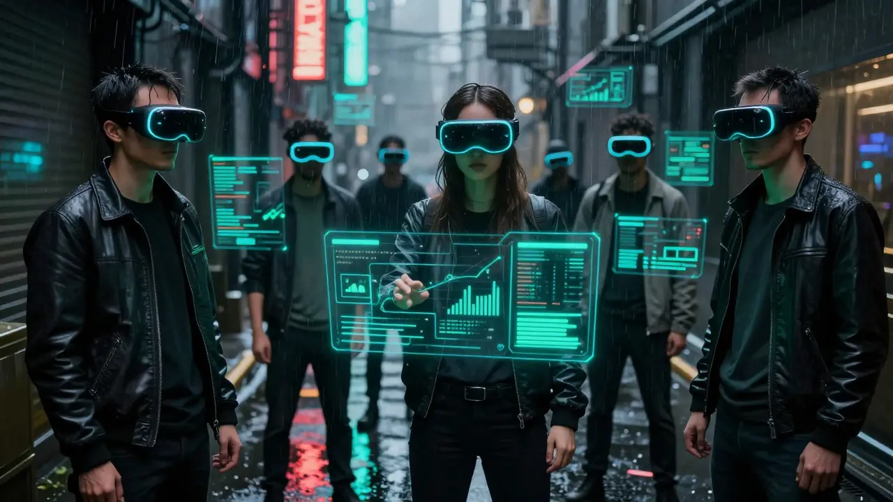 Anonymous traders in AR visors analyzing volatile crypto data streams in a rainy, neon-lit cyberpunk alleyway.