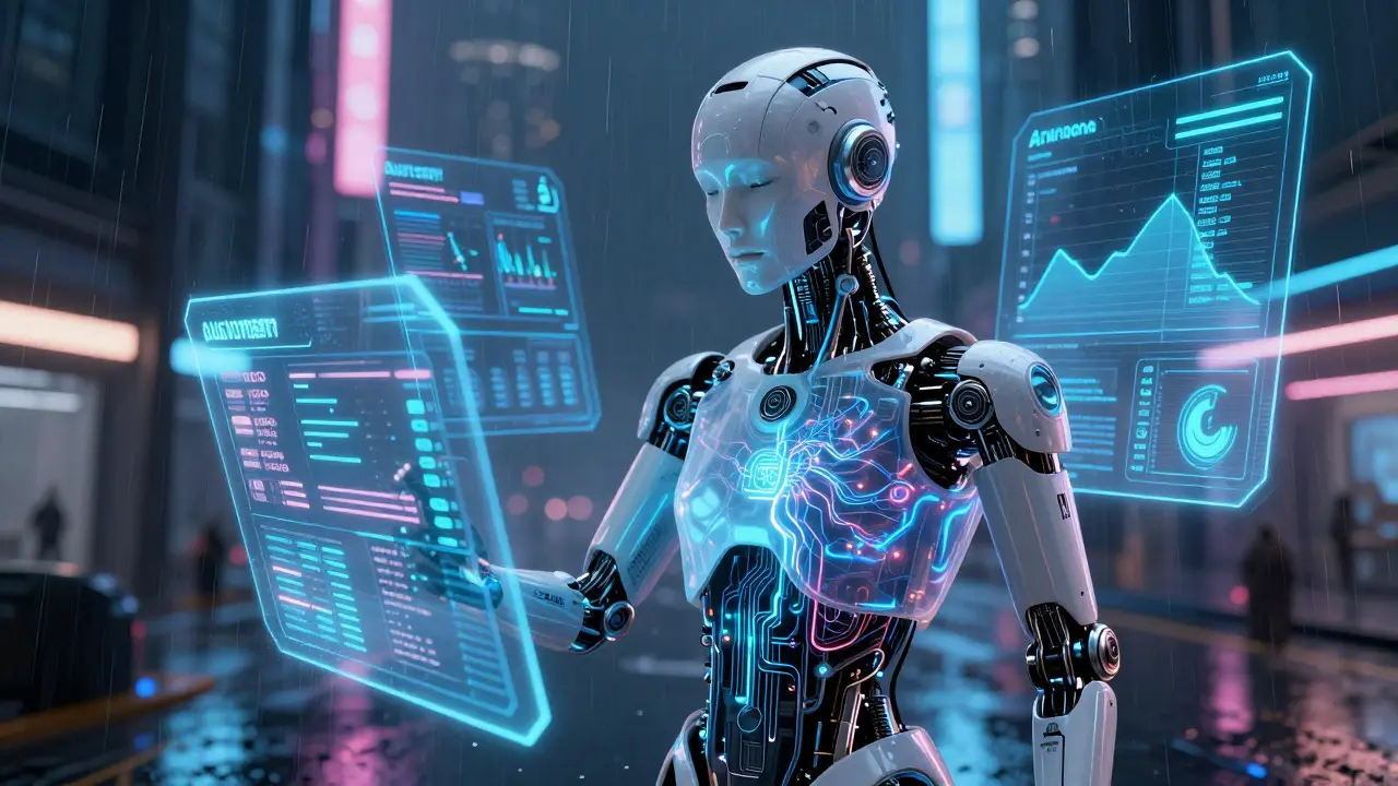 AURA AI android analyzing crypto data streams and wallet activity in a neon city.