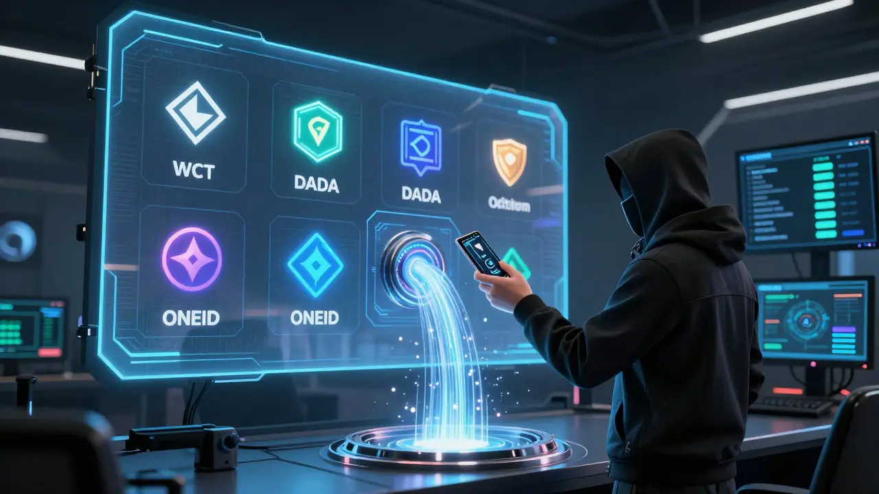 Avatar claiming diverse crypto token rewards on a neon digital screen