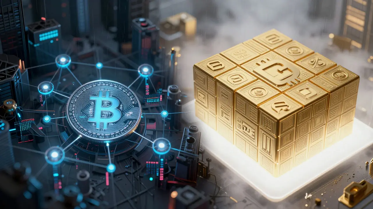 Contrast between chaotic dark crypto nodes and orderly golden digital yuan