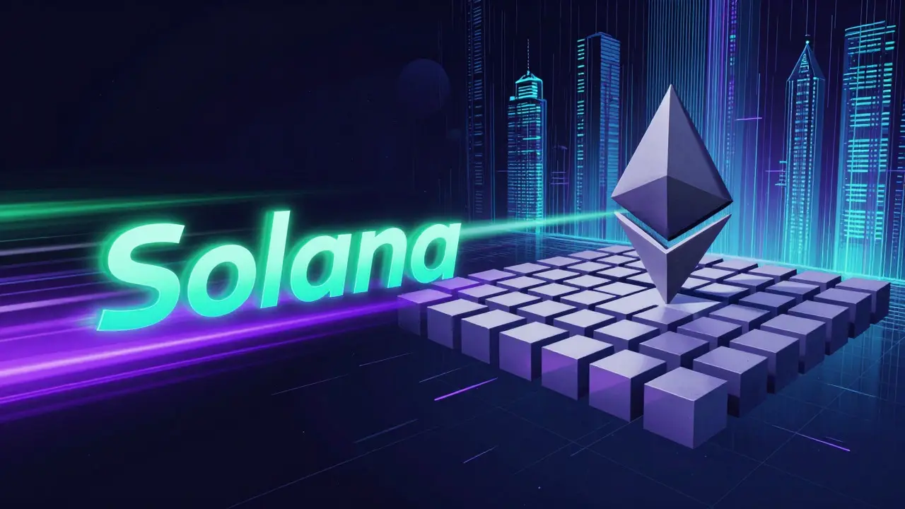 Contrast between fast green Solana streak and slow Ethereum blocks in cyberpunk style.