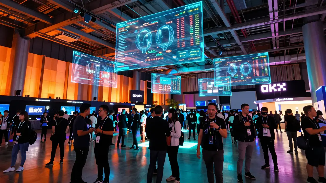 Crowded cyberpunk interior of TOKEN2049 conference with holographic crypto displays