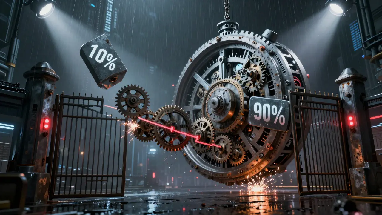 Cyberpunk clockwork mechanism showing token vesting and decay