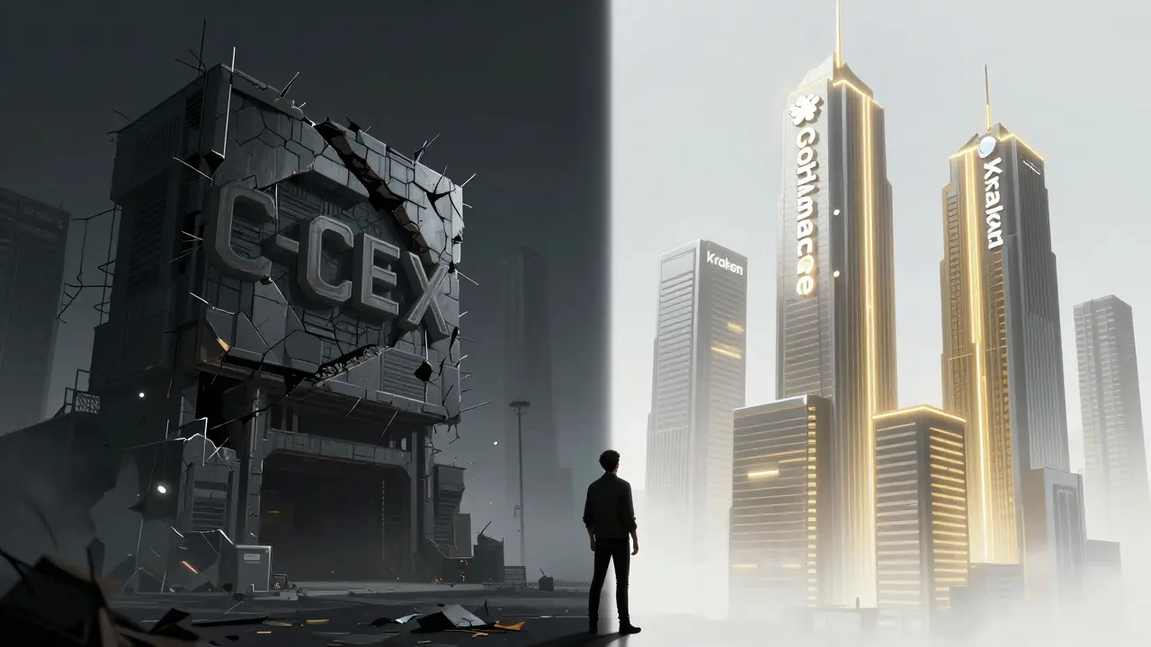 Cyberpunk comparison of crumbling risky exchange vs secure fortified skyscrapers