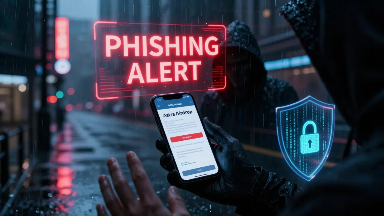 Cyberpunk illustration warning against phishing scams targeting crypto users