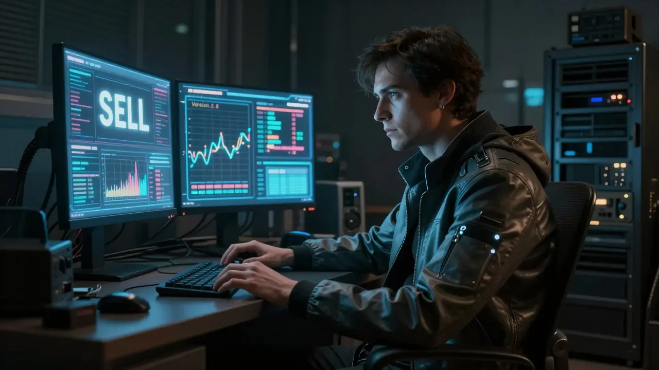 Cyberpunk investor analyzing risky crypto charts on holographic screens