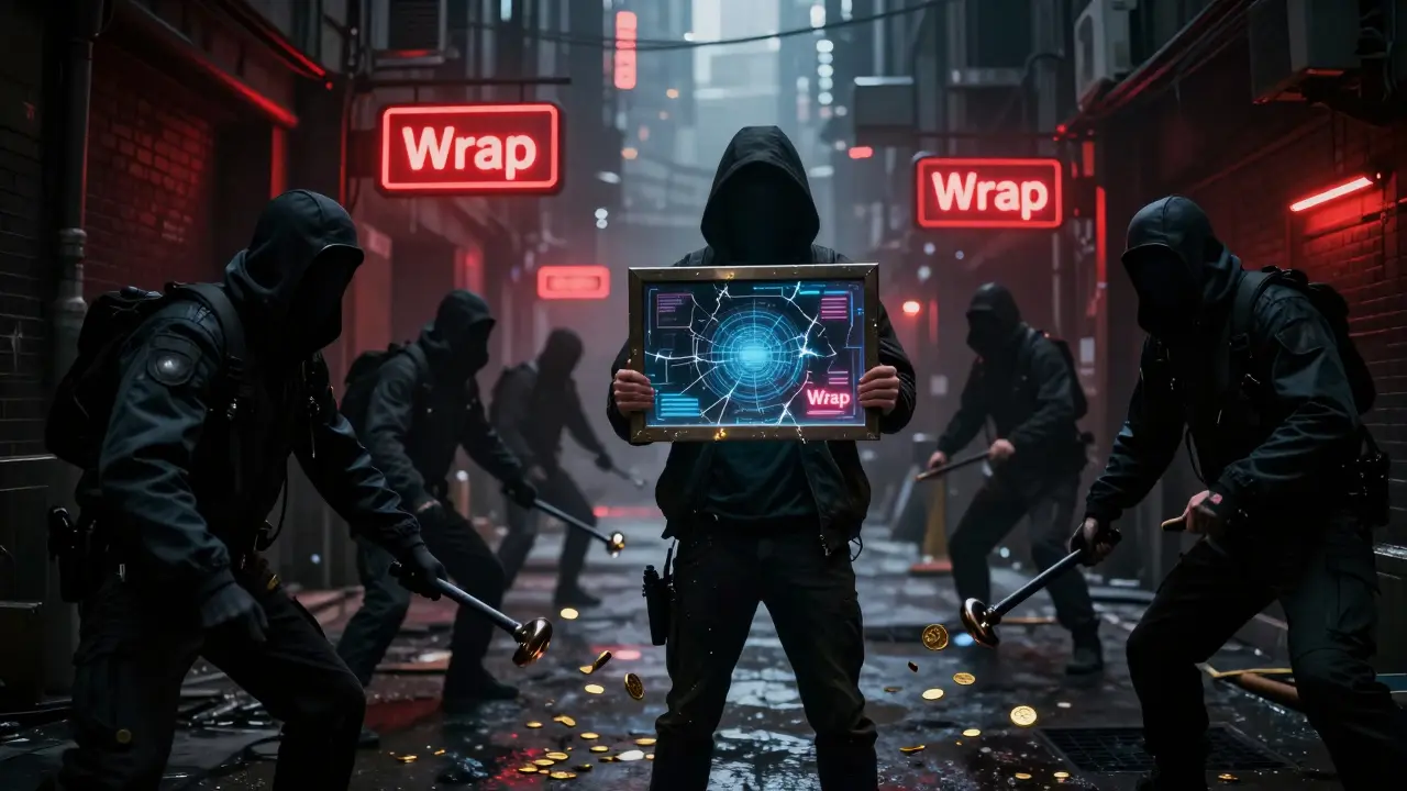 Cyberpunk scene depicting creators losing royalties to market manipulation