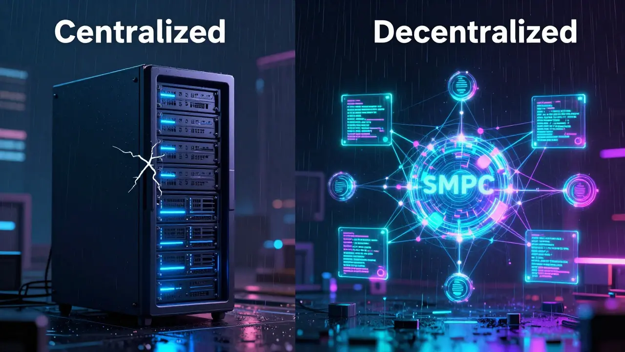 Cyberpunk visualization comparing centralized vs decentralized crypto custody models