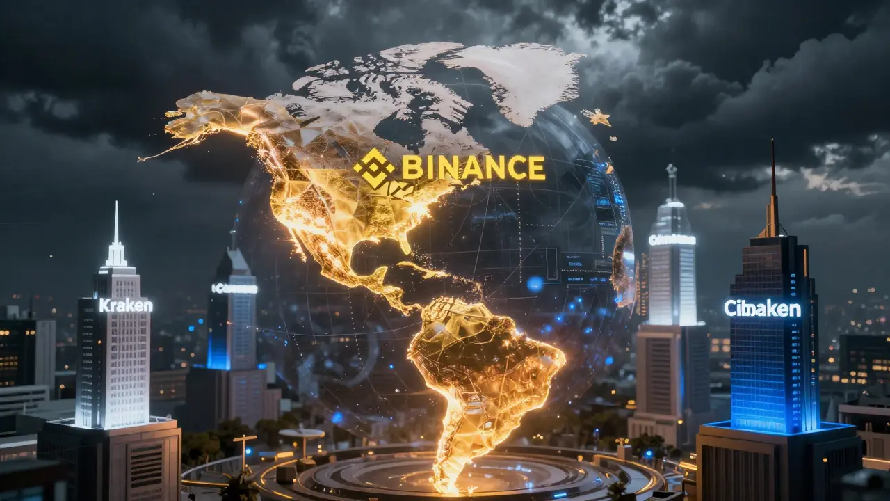 Cyberpunk visualization of global crypto exchange dominance with glowing digital structures.