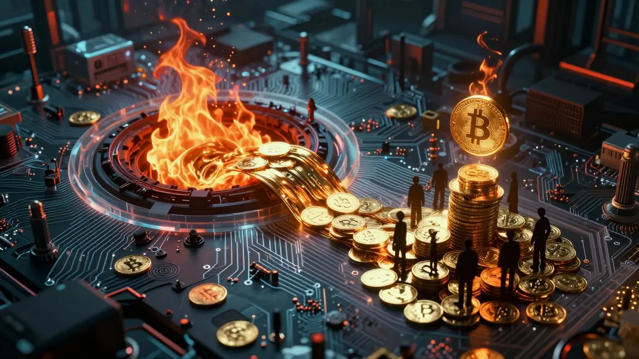 Digital coins flowing through circuits, with some burning away and others accumulating for holders in a cyberpunk setting.
