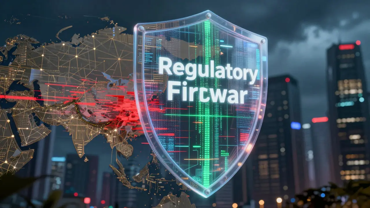 Digital firewall protecting Asian crypto markets from unregulated threats in cyberpunk art