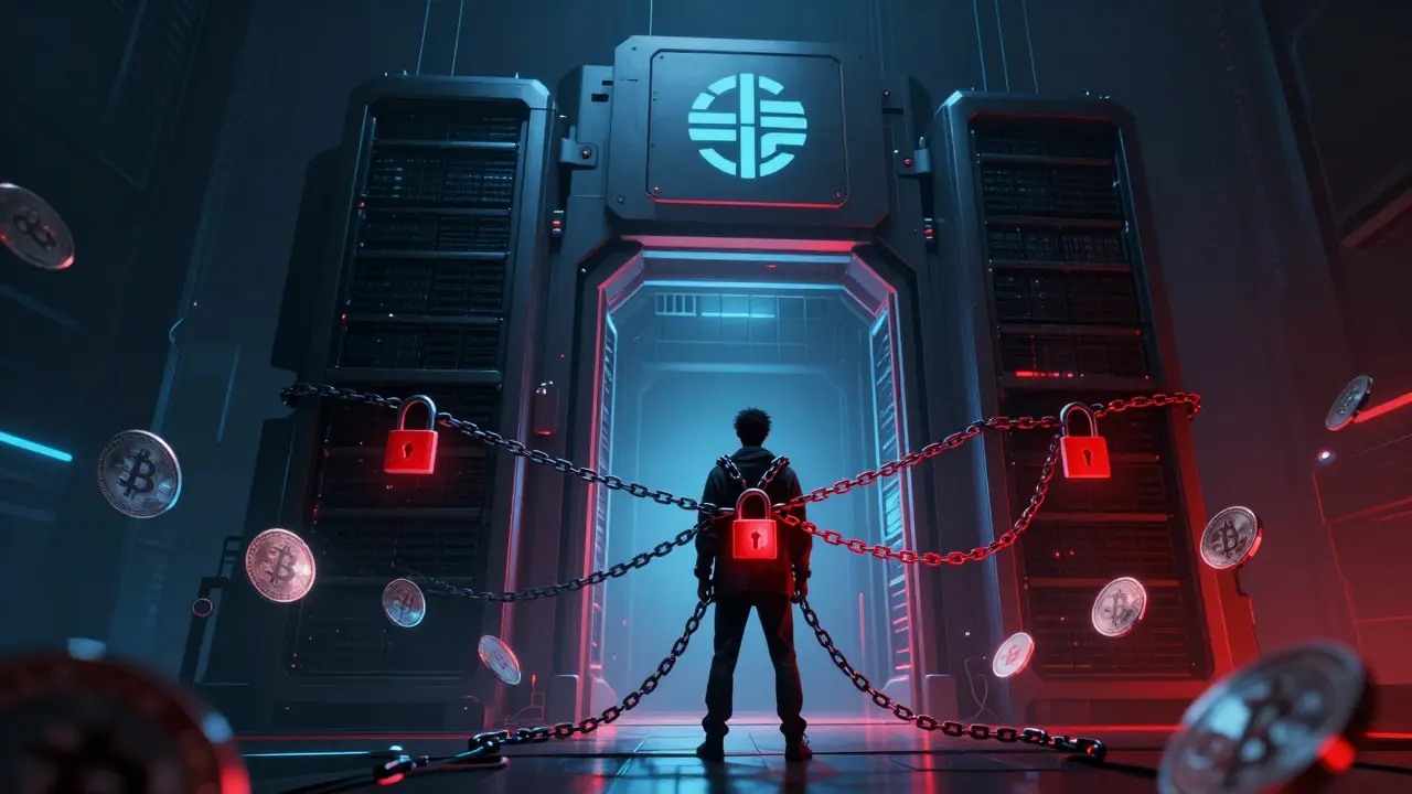 Figure chained to server monolith representing custodial risk