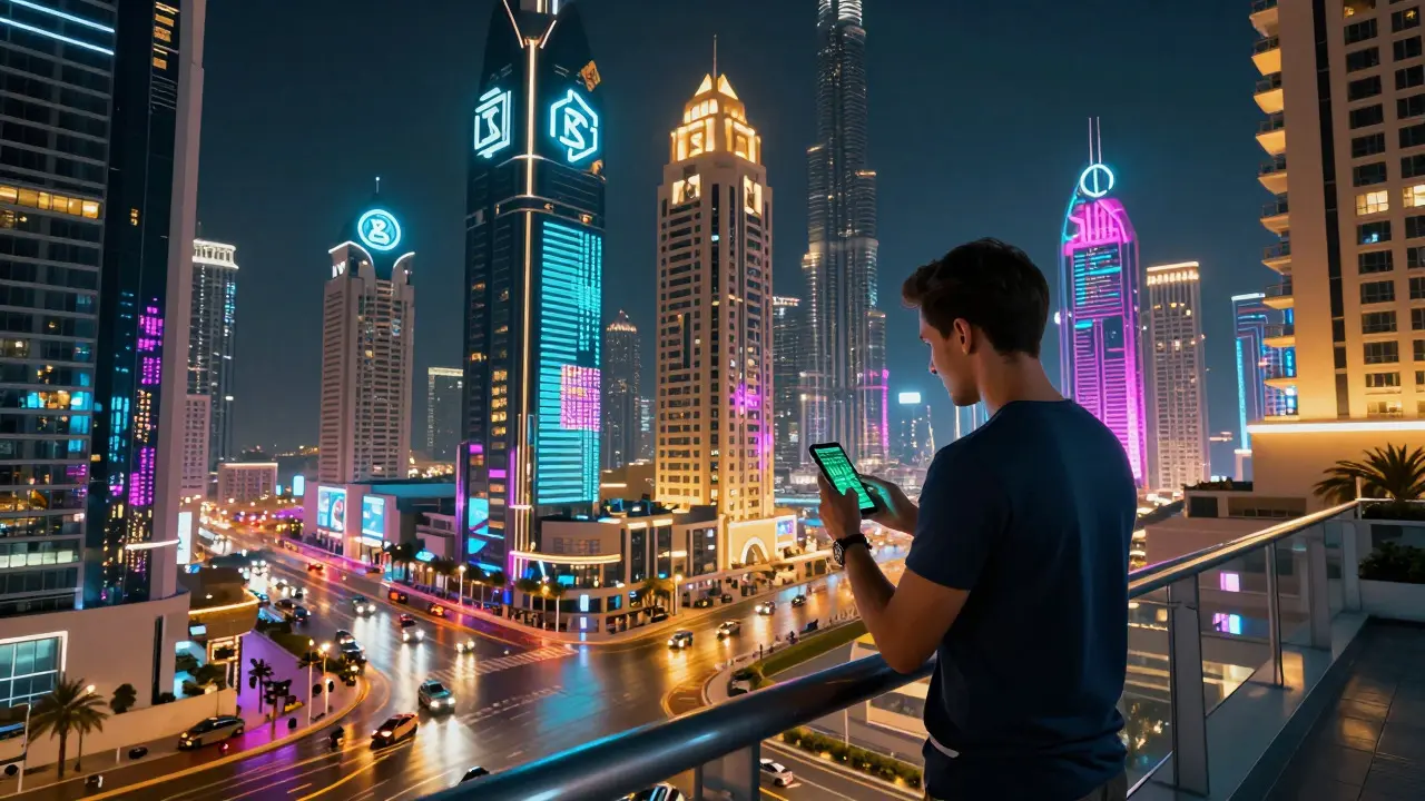 Futuristic cyberpunk city skyline representing crypto-friendly hub