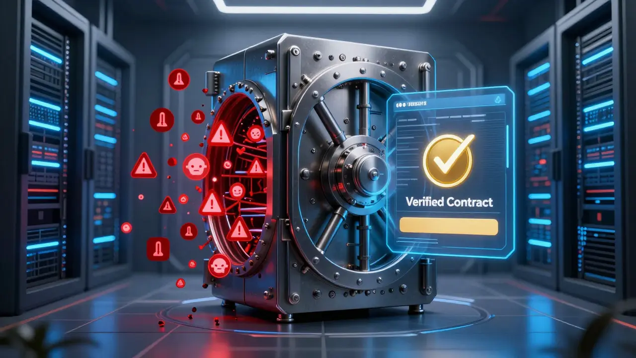 Futuristic digital vault protecting against crypto scams and phishing