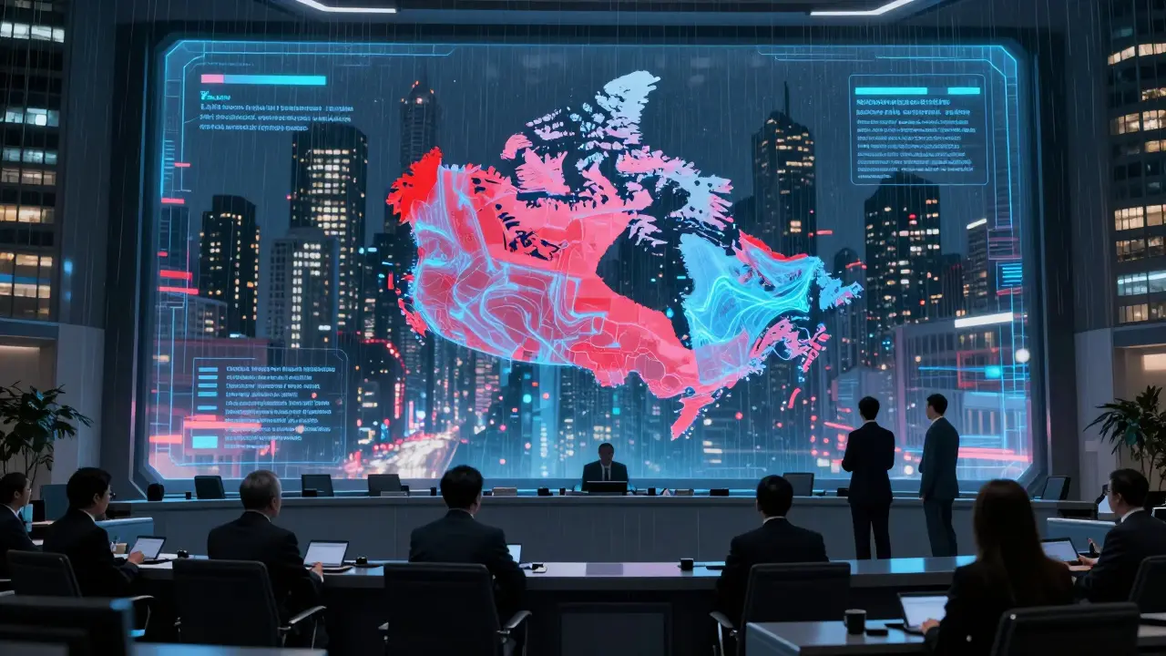 Futuristic office view of Vancouver with holographic map of Canadian mining policies