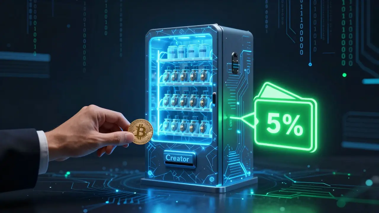 Futuristic smart contract visual showing automated NFT royalty distribution