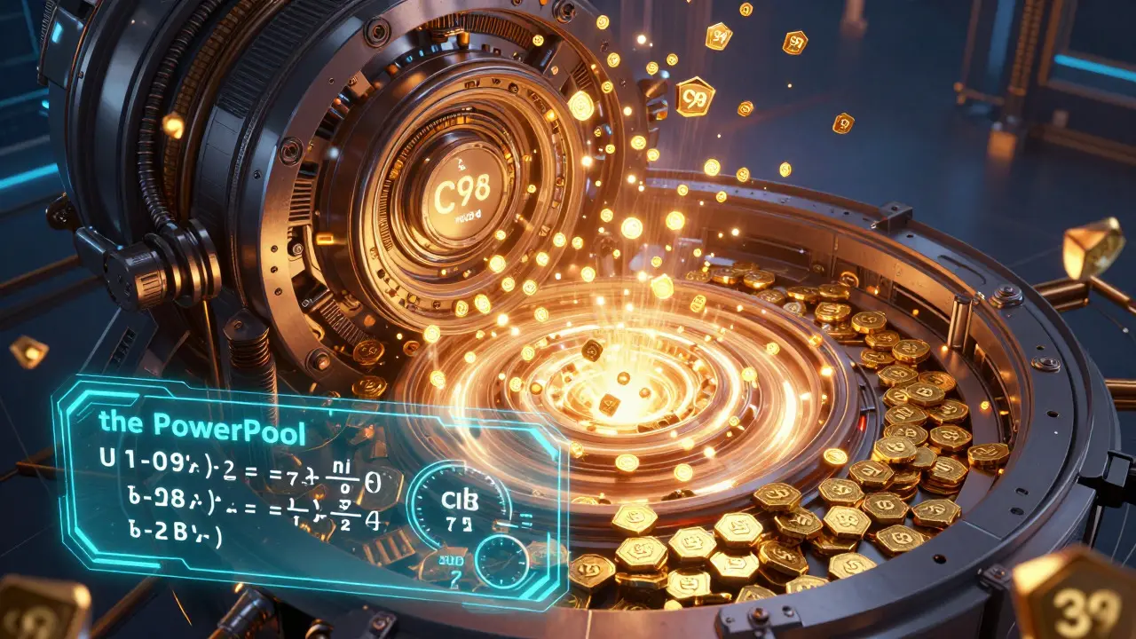 Futuristic visualization of C98 tokens entering a glowing PowerPool reactor