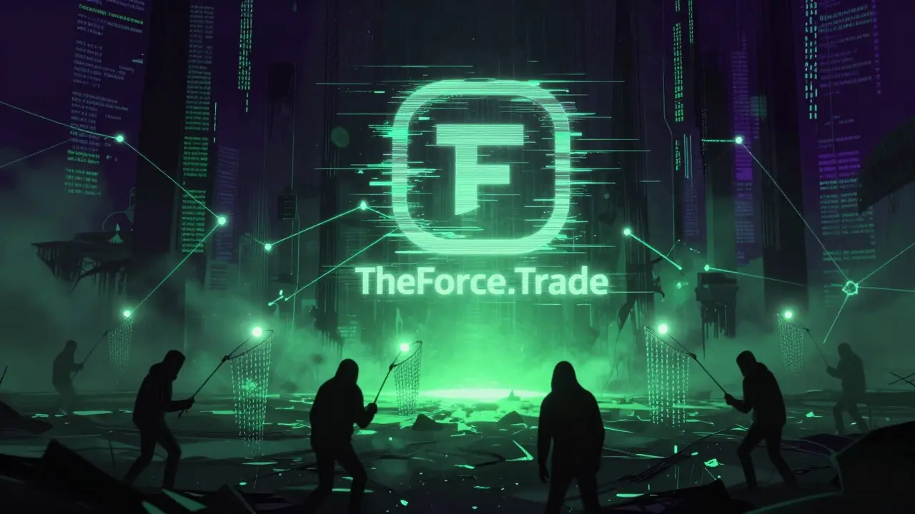 Glitching hologram of abandoned crypto token surrounded by digital threats