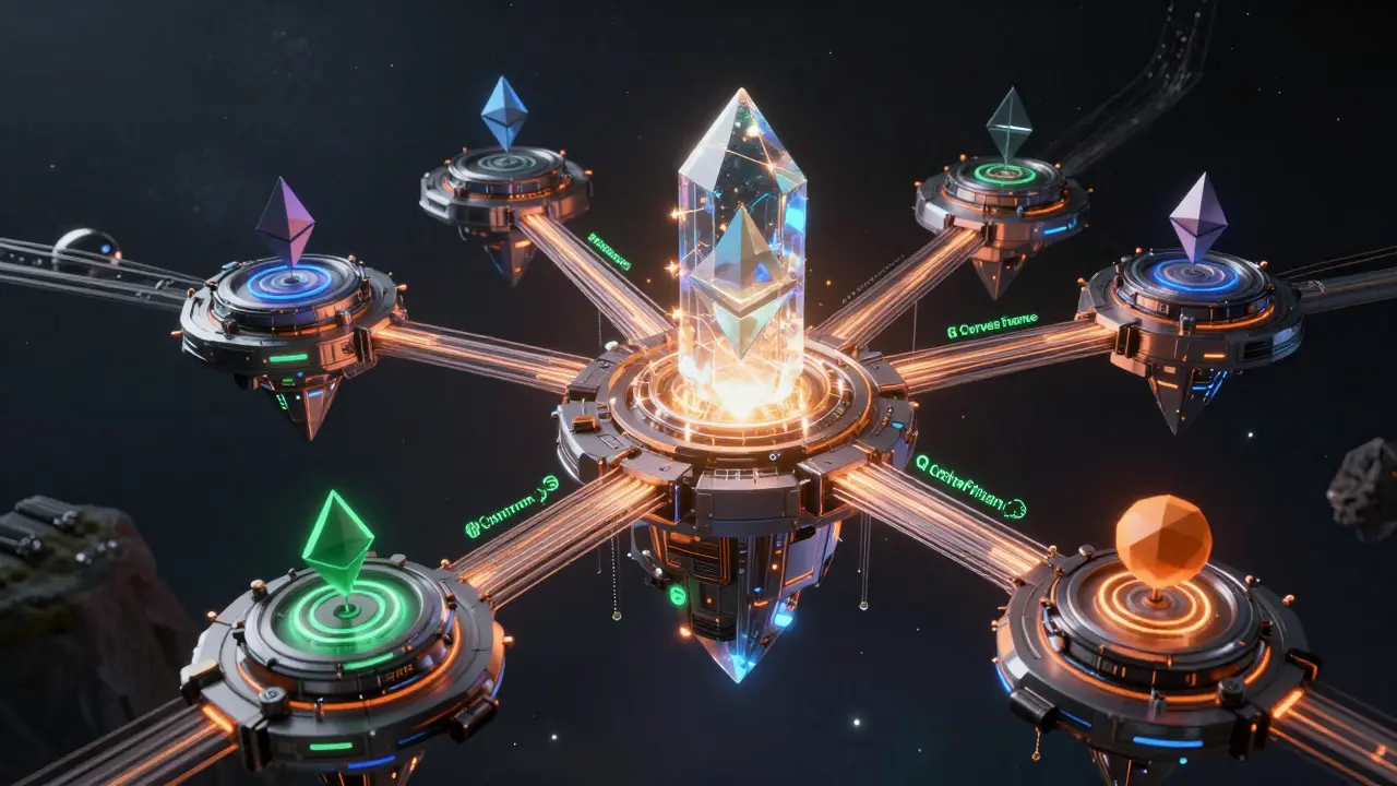 Glowing crystal hub connecting blockchain networks via neon data streams in space