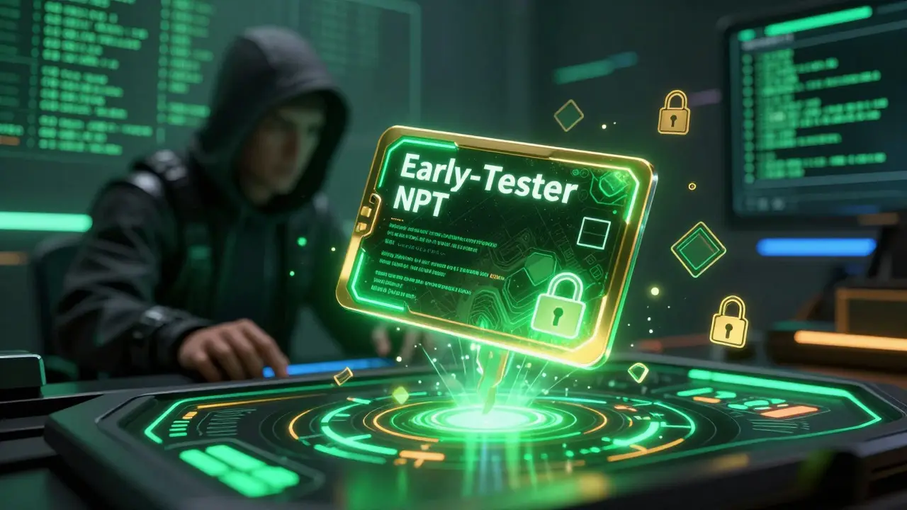 Glowing Early-Tester NFT keycard unlocking premium features on a cyberpunk dashboard.