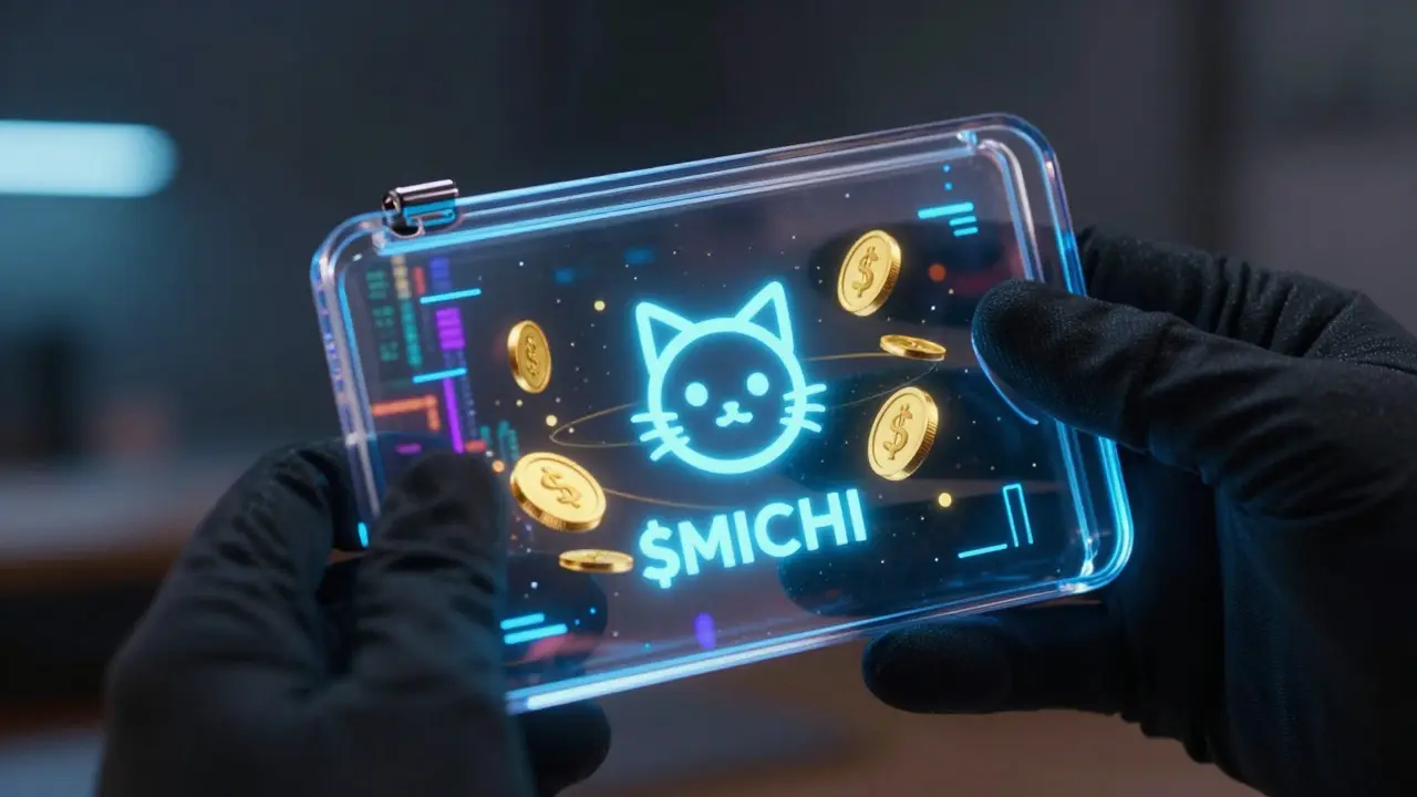 Glowing smart wallet holding swirling digital tokens and cat icon