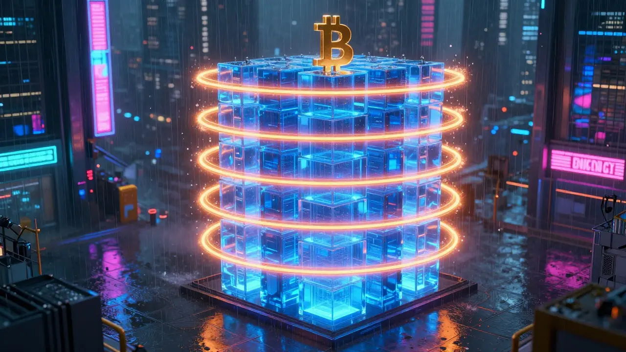 Golden Bitcoin buried under six glowing blue blockchain layers in a neon city.