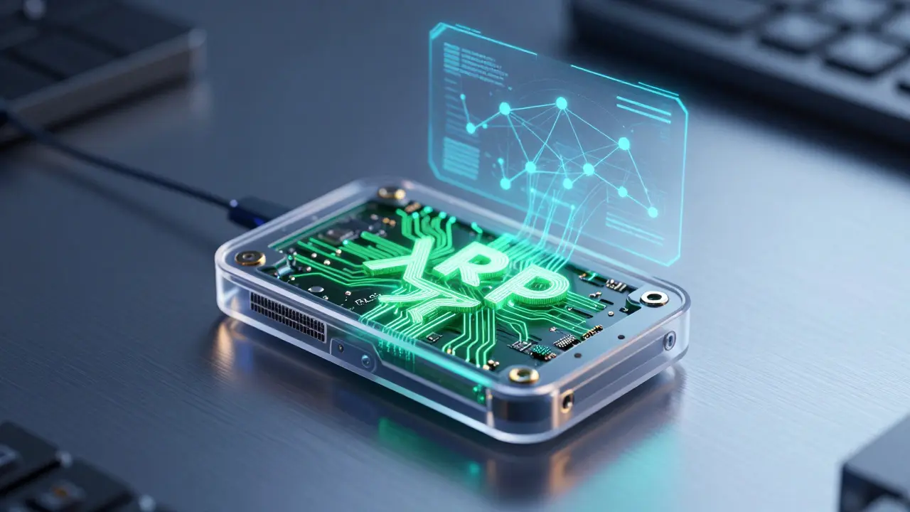 High-tech hardware wallet displaying XRP and RPLS blockchain connections